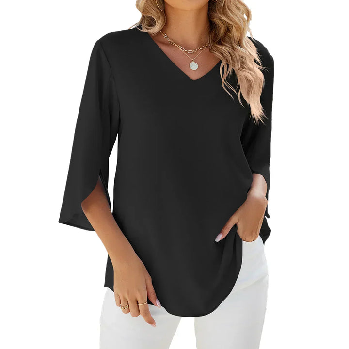 Women's V-Neck Chiffon Blouse Split Sleeve Relaxed Fit