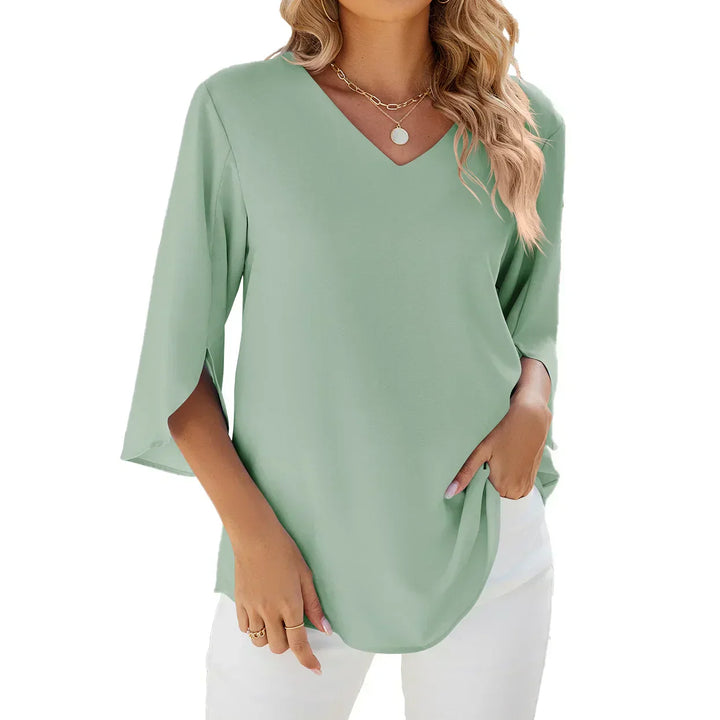 Women's V-Neck Chiffon Blouse Split Sleeve Relaxed Fit