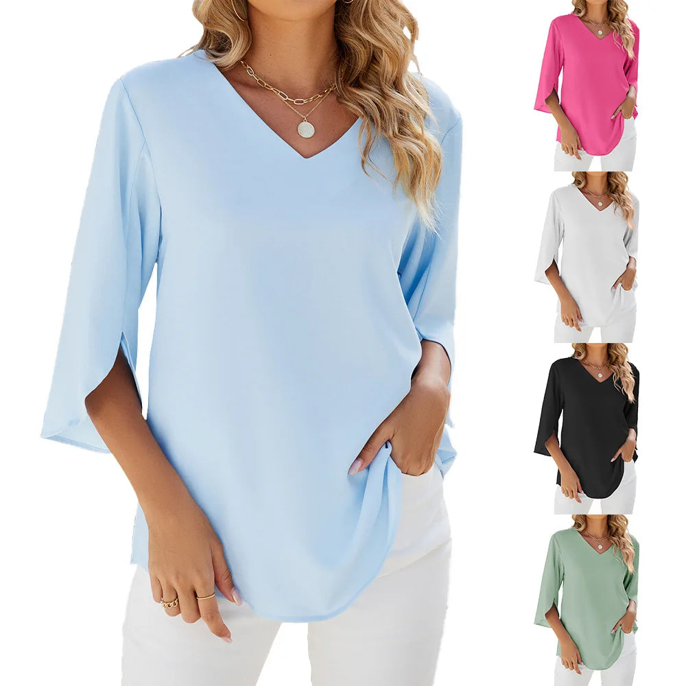 Women's V-Neck Chiffon Blouse Split Sleeve Relaxed Fit