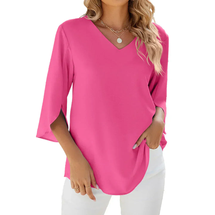 Women's V-Neck Chiffon Blouse Split Sleeve Relaxed Fit