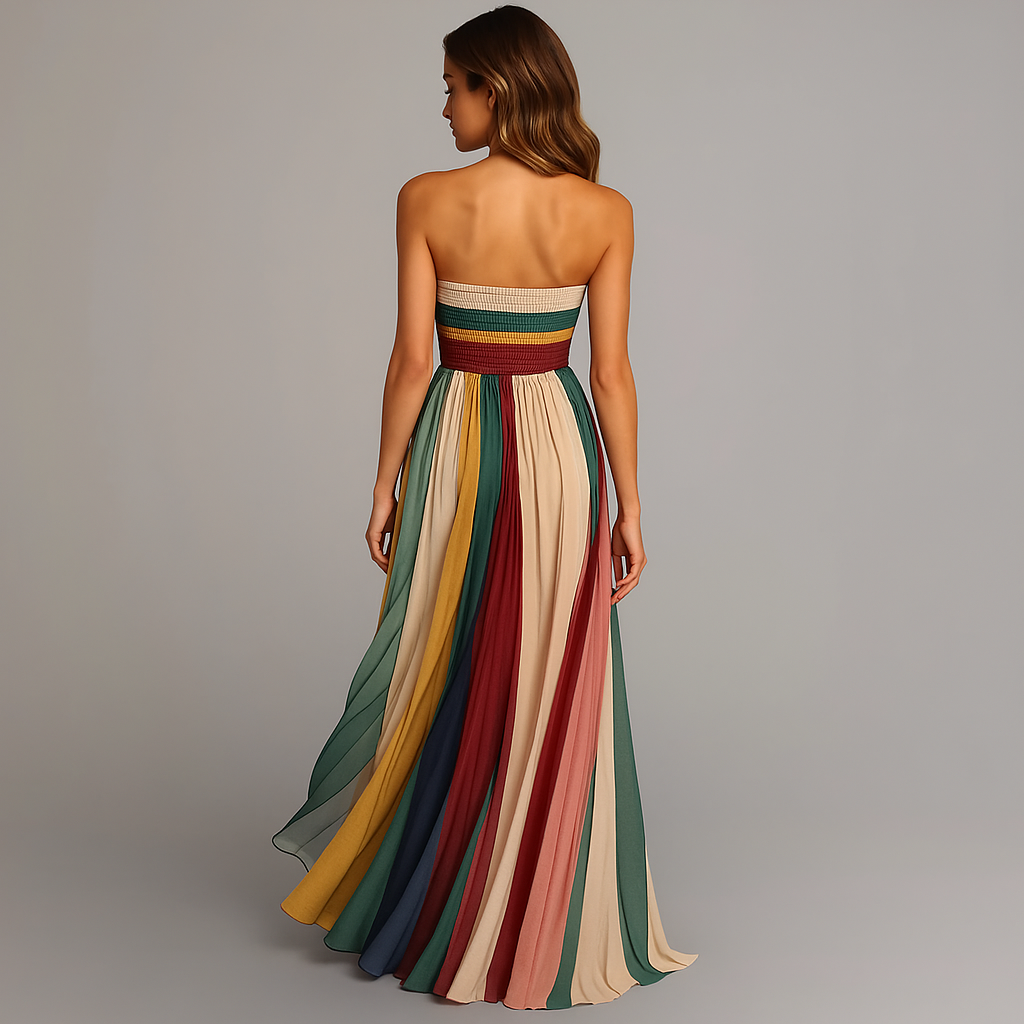 Women's Strapless Colorful Pleated Summer Maxi Dress Strapless