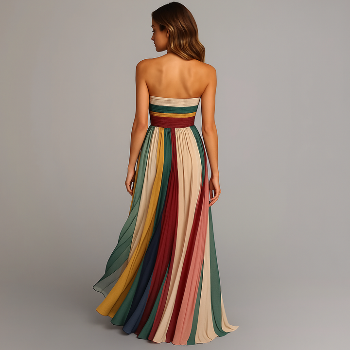 Women's Strapless Colorful Pleated Summer Maxi Dress Strapless