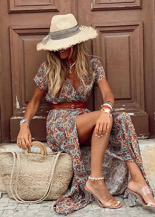 Women's Boho Floral Maxi Dress with Matching Belt and Side Split