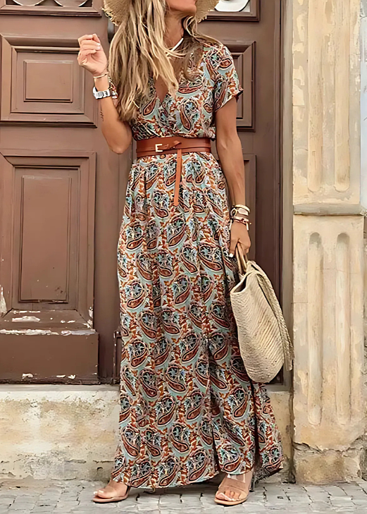 Women's Boho Floral Maxi Dress with Matching Belt and Side Split
