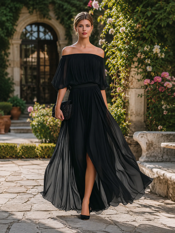 Women's Elegant Off Shoulder Formal Wedding Guest Maxi Dress with Pleated Skirt