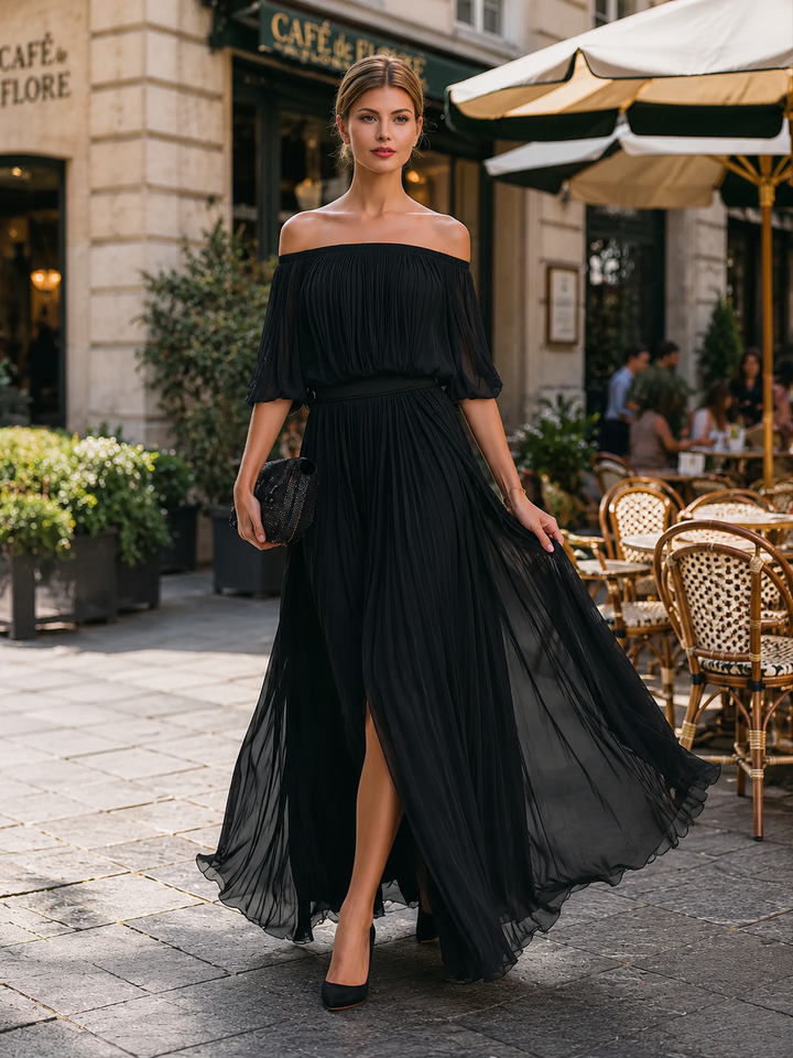 Women's Elegant Off Shoulder Formal Wedding Guest Maxi Dress with Pleated Skirt