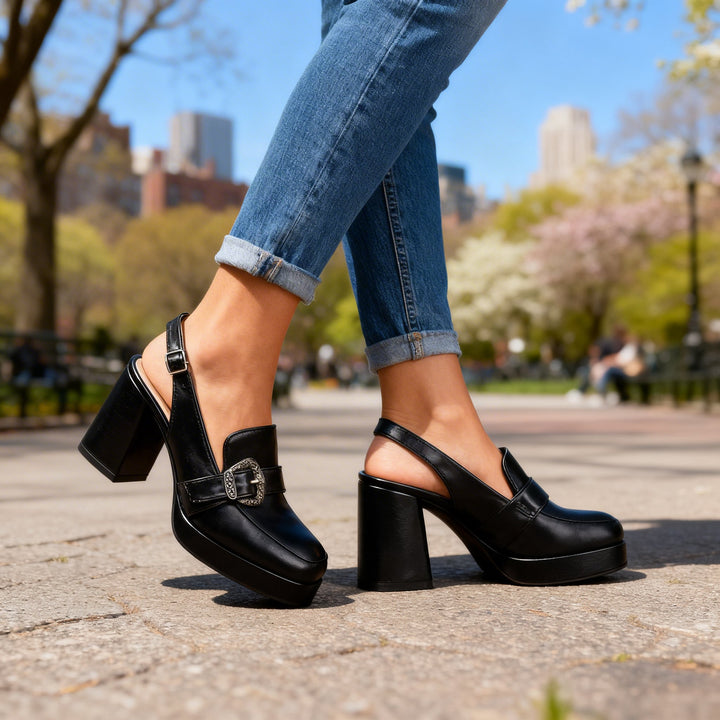 Women's Platform Slingback Block Heel Loafer Buckle Detail