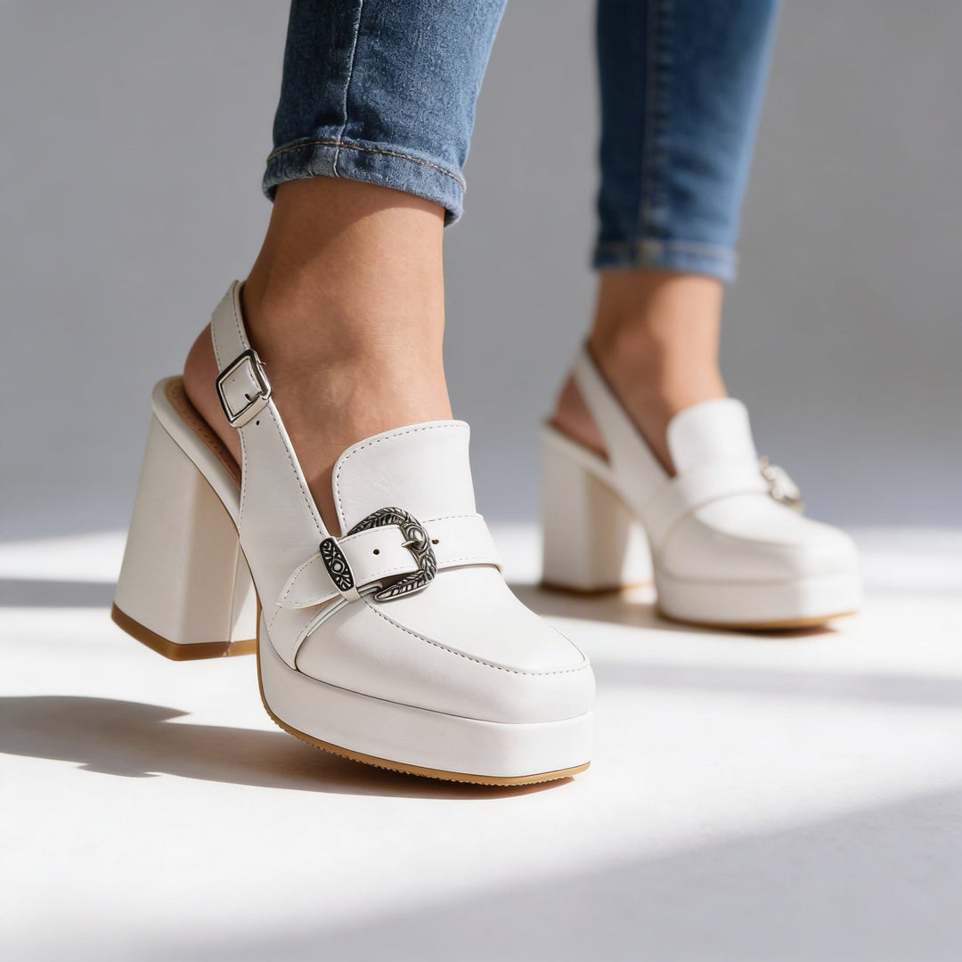 Women's Platform Slingback Block Heel Loafer Buckle Detail