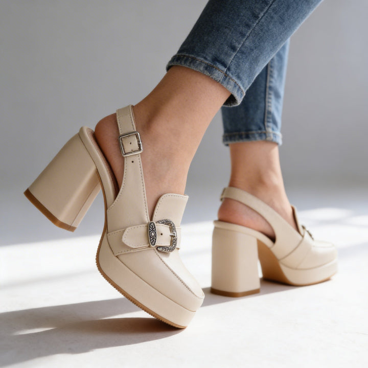Women's Platform Slingback Block Heel Loafer Buckle Detail