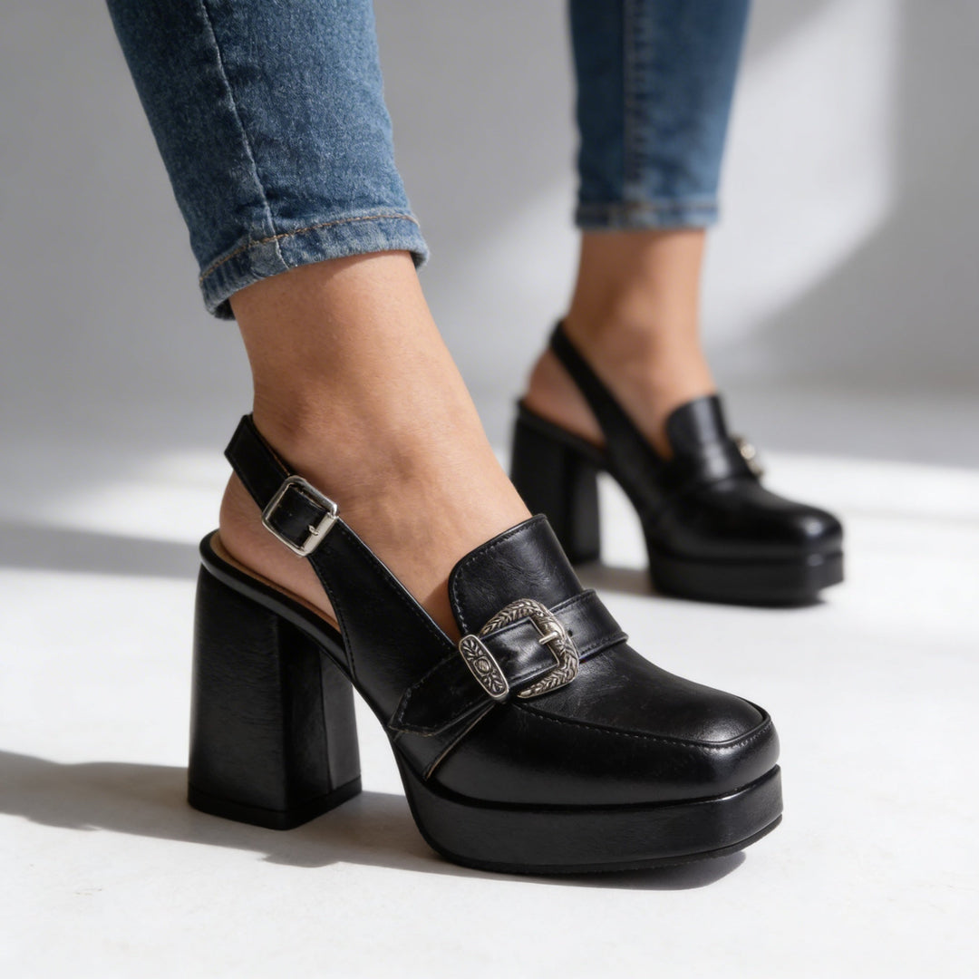 Women's Platform Slingback Block Heel Loafer Buckle Detail