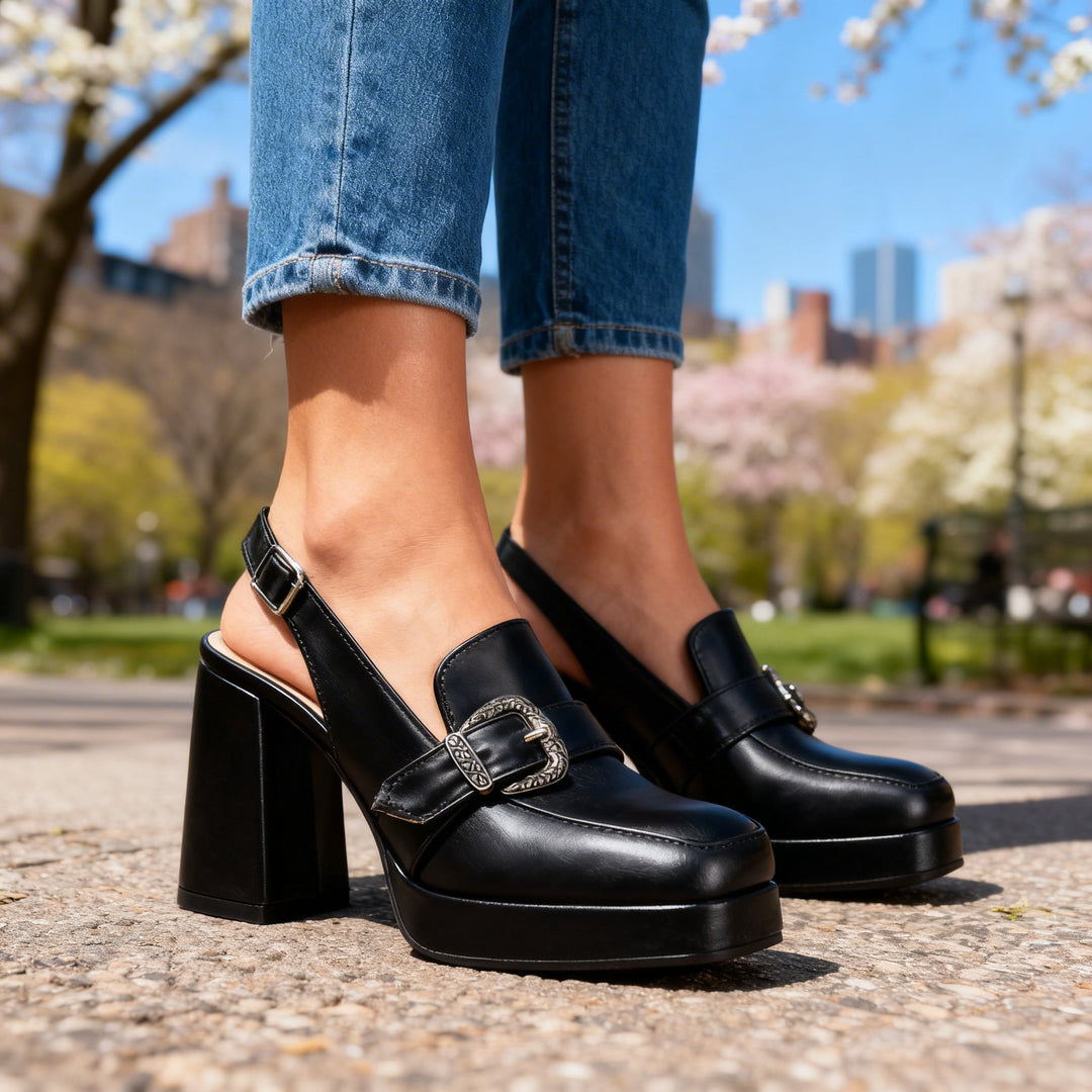 Women's Platform Slingback Block Heel Loafer Buckle Detail