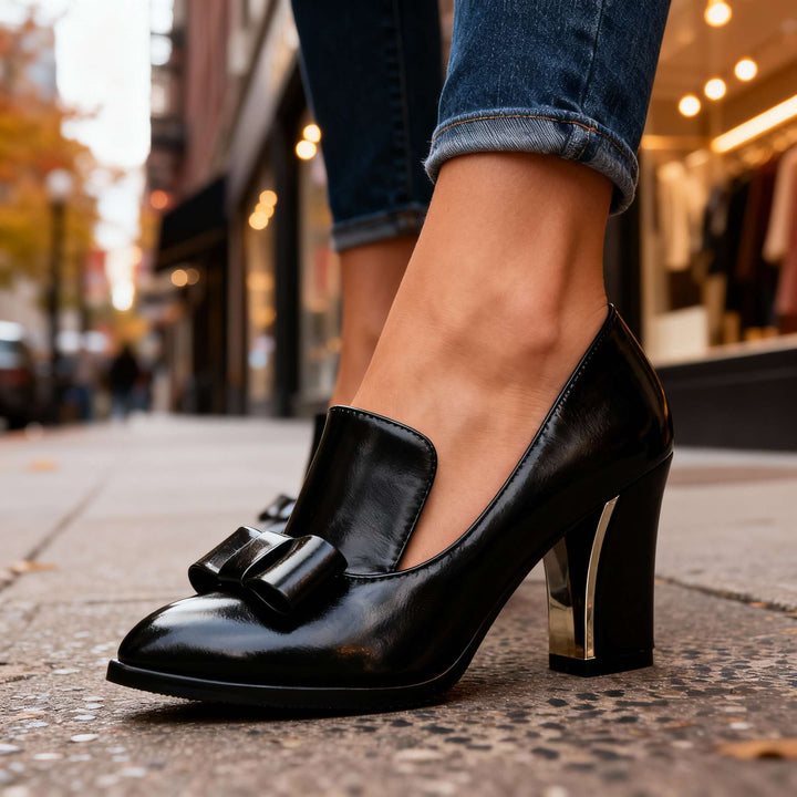 Women's Bow Detail Pointed Toe Block Heel Loafer Pumps