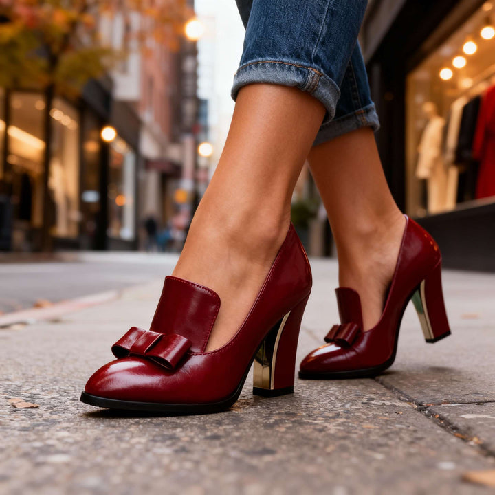 Women's Bow Detail Pointed Toe Block Heel Loafer Pumps