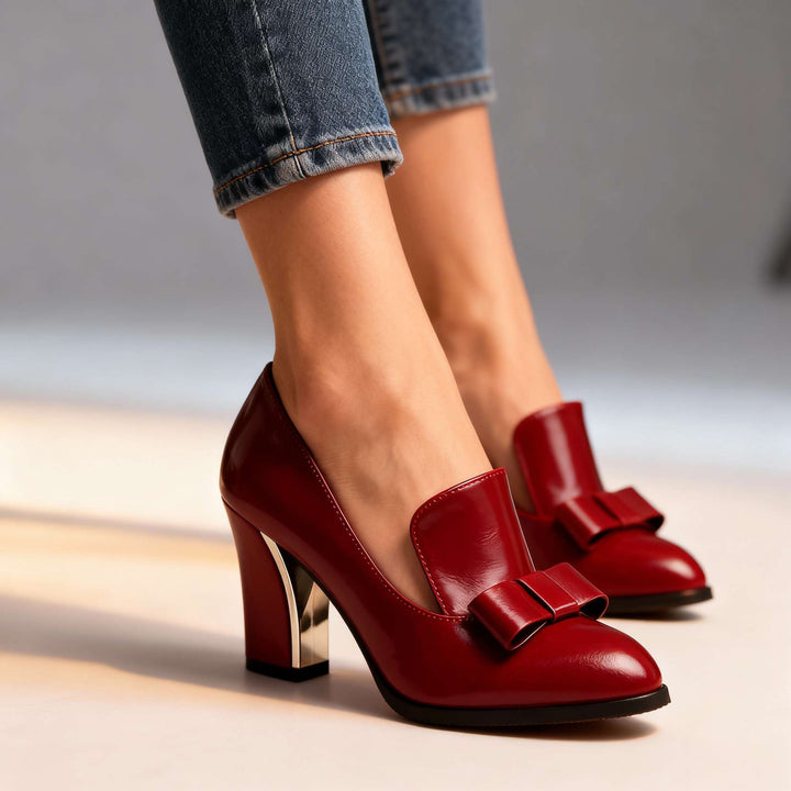 Women's Bow Detail Pointed Toe Block Heel Loafer Pumps