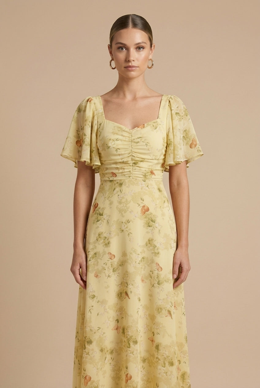 Women's Floral Print Square Neck Flutter Sleeve Ruched Maxi Dress