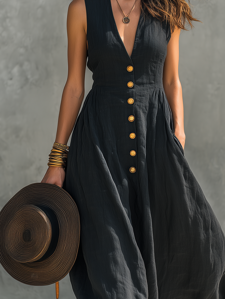 Women's Casual Black Cotton Linen V-neck Sleeveless Long Dress