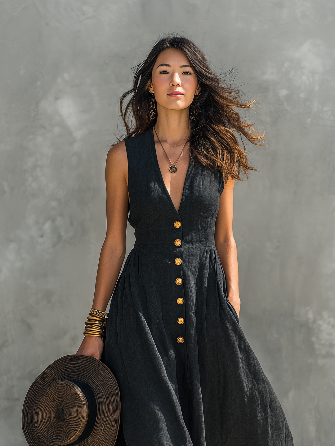 Women's Casual Black Cotton Linen V-neck Sleeveless Long Dress