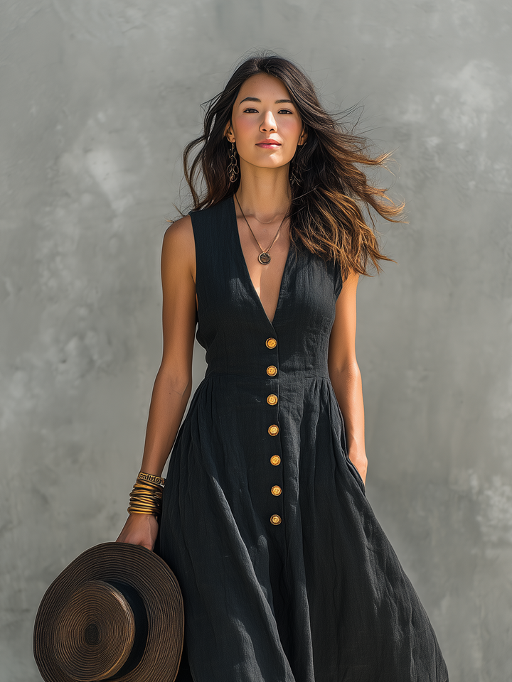 Women's Casual Black Cotton Linen V-neck Sleeveless Long Dress