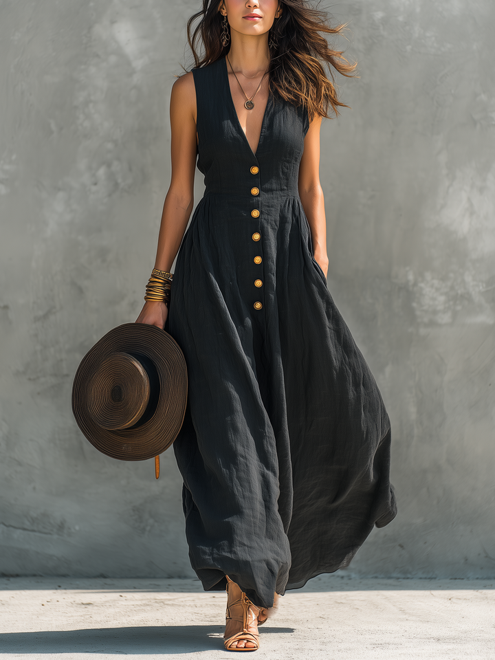 Women's Casual Black Cotton Linen V-neck Sleeveless Long Dress