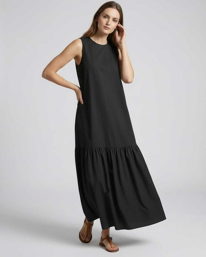 Women's Sleeveless Round Neck Tiered Hem Maxi Dress