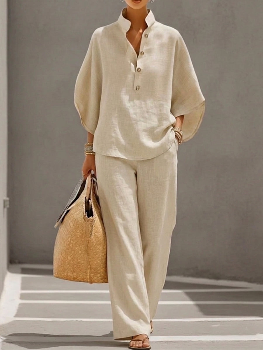 Women's 2 Piece Linen Batwing Top and Wide Leg Trousers Set