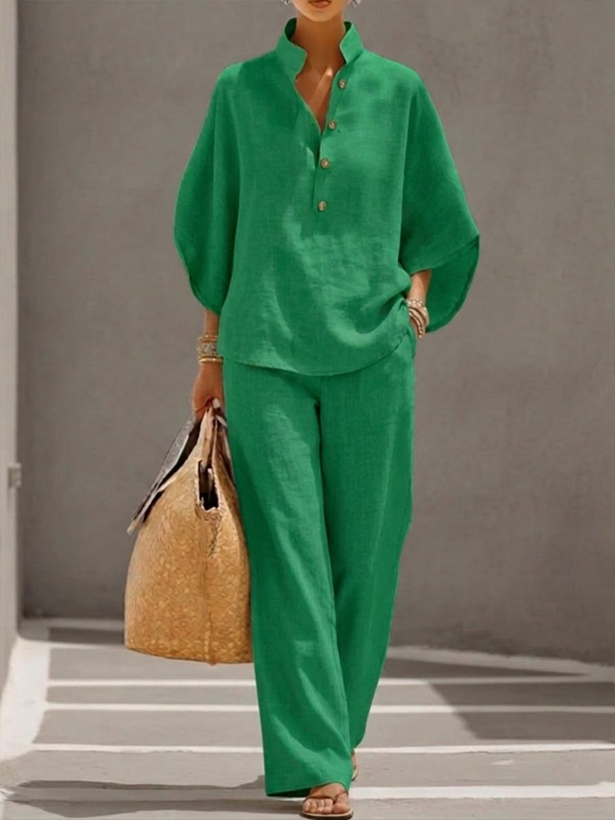 Women's 2 Piece Linen Batwing Top and Wide Leg Trousers Set