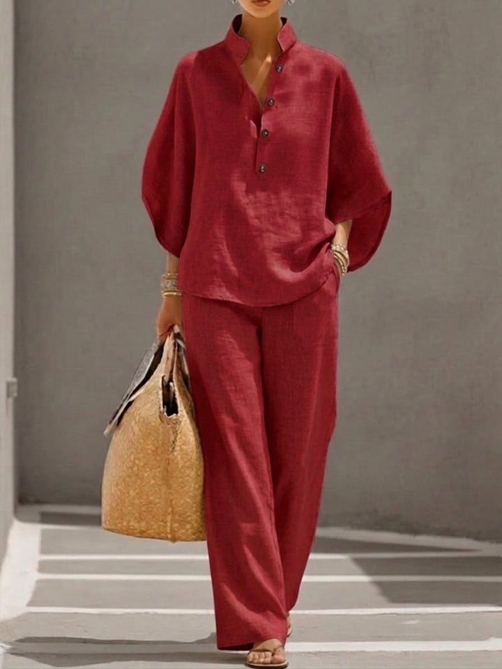 Women's 2 Piece Linen Batwing Top and Wide Leg Trousers Set