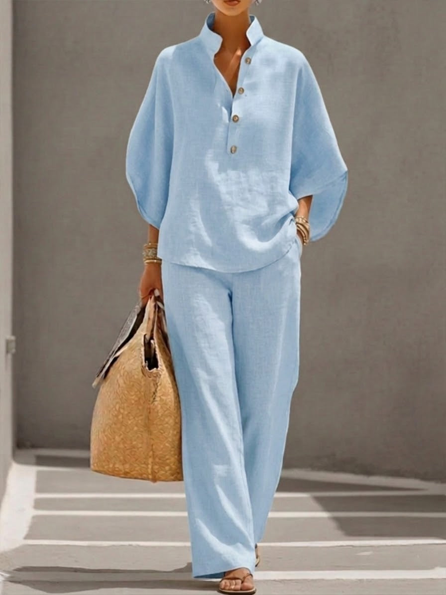 Women's 2 Piece Linen Batwing Top and Wide Leg Trousers Set
