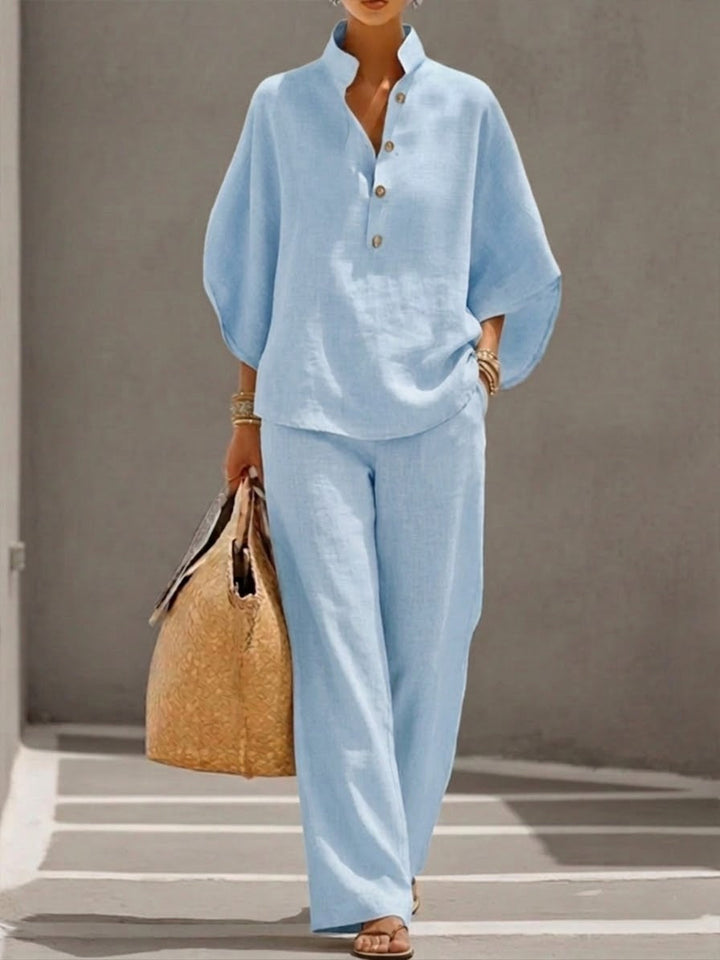 Women's 2 Piece Linen Batwing Top and Wide Leg Trousers Set