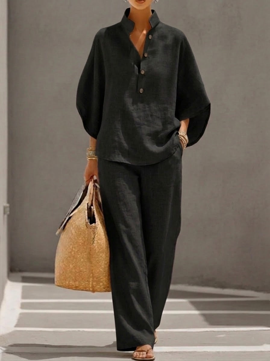Women's 2 Piece Linen Batwing Top and Wide Leg Trousers Set