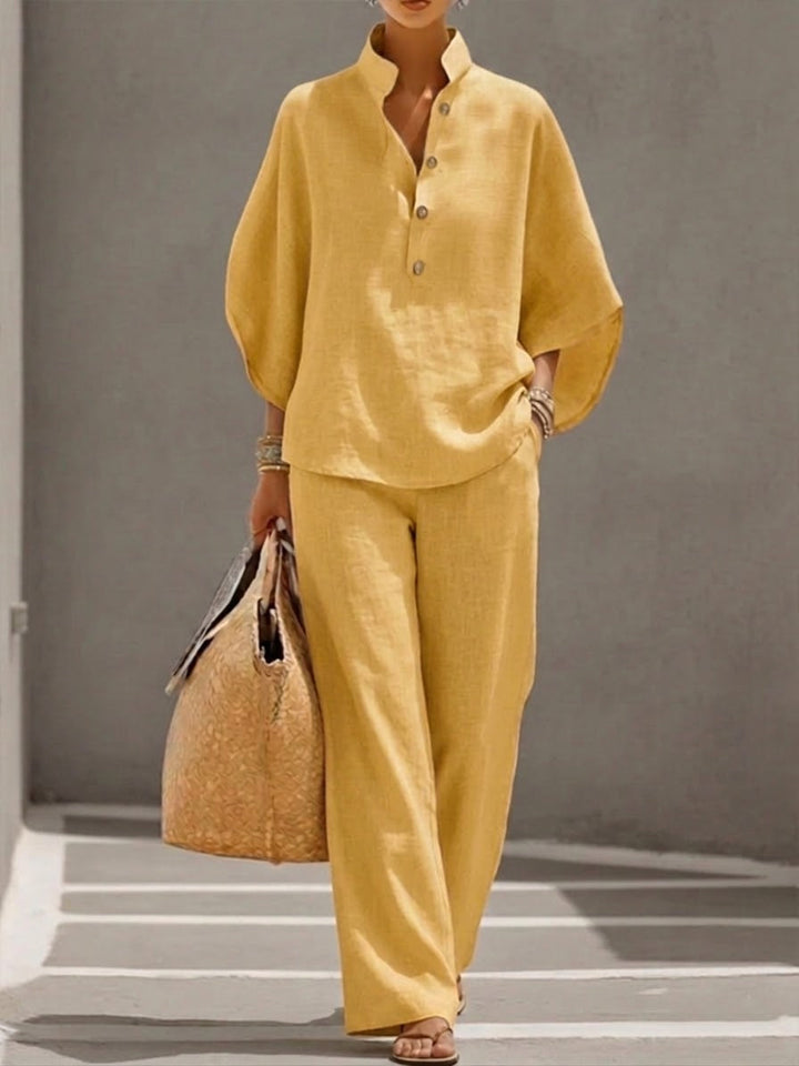 Women's 2 Piece Linen Batwing Top and Wide Leg Trousers Set
