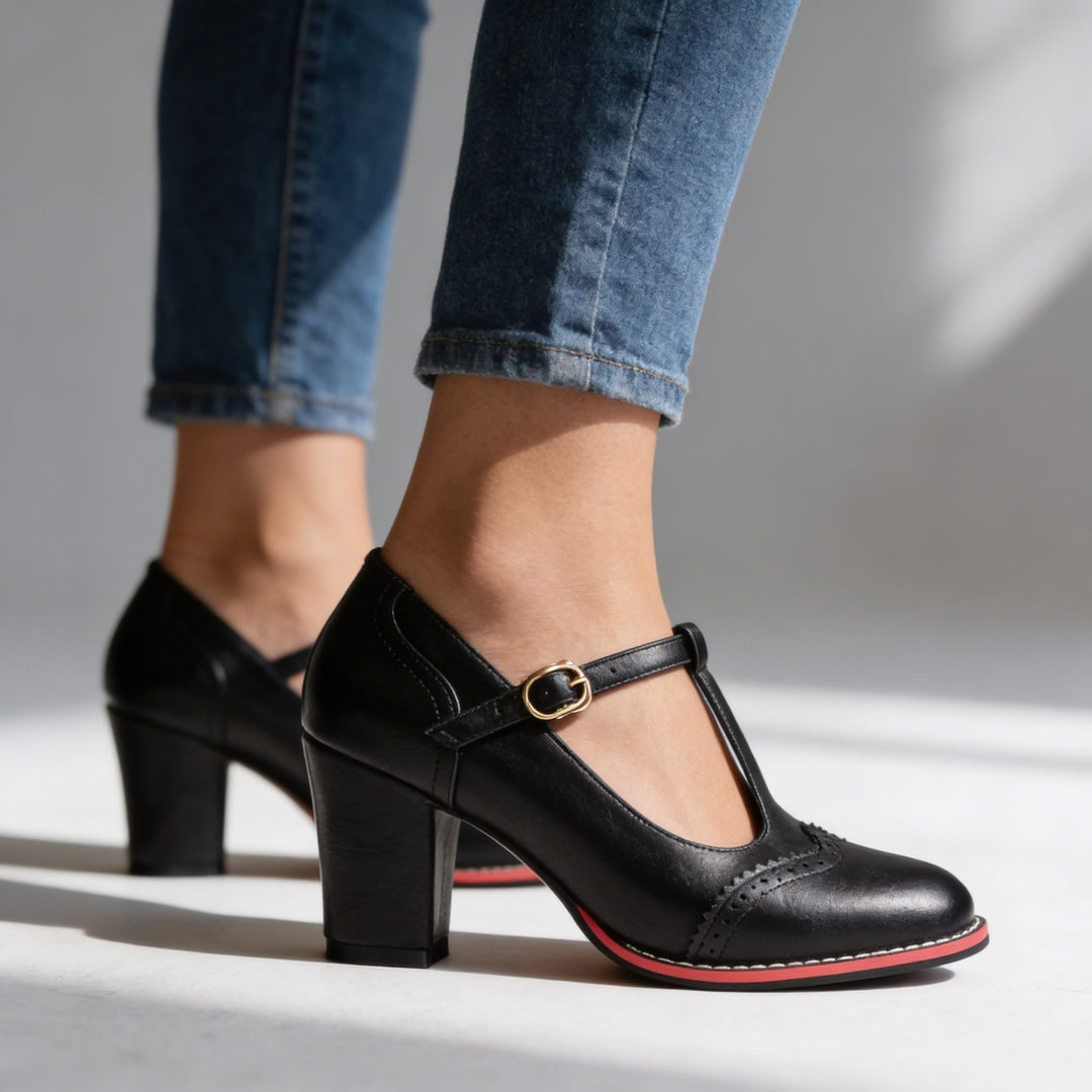 Women's Brogue Mary Jane Block Heel Pumps Buckle Strap