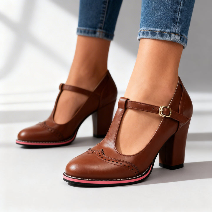 Women's Brogue Mary Jane Block Heel Pumps Buckle Strap
