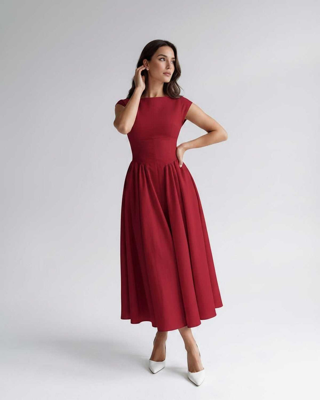 Women's A-Line Midi Dress Cap Sleeve Fitted Bodice