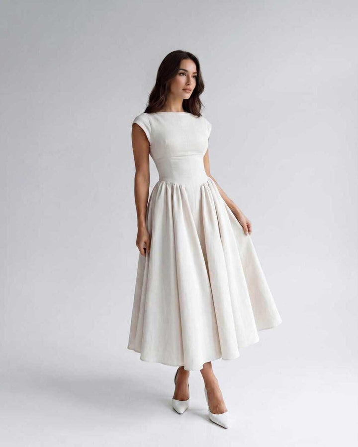 Women's A-Line Midi Dress Cap Sleeve Fitted Bodice