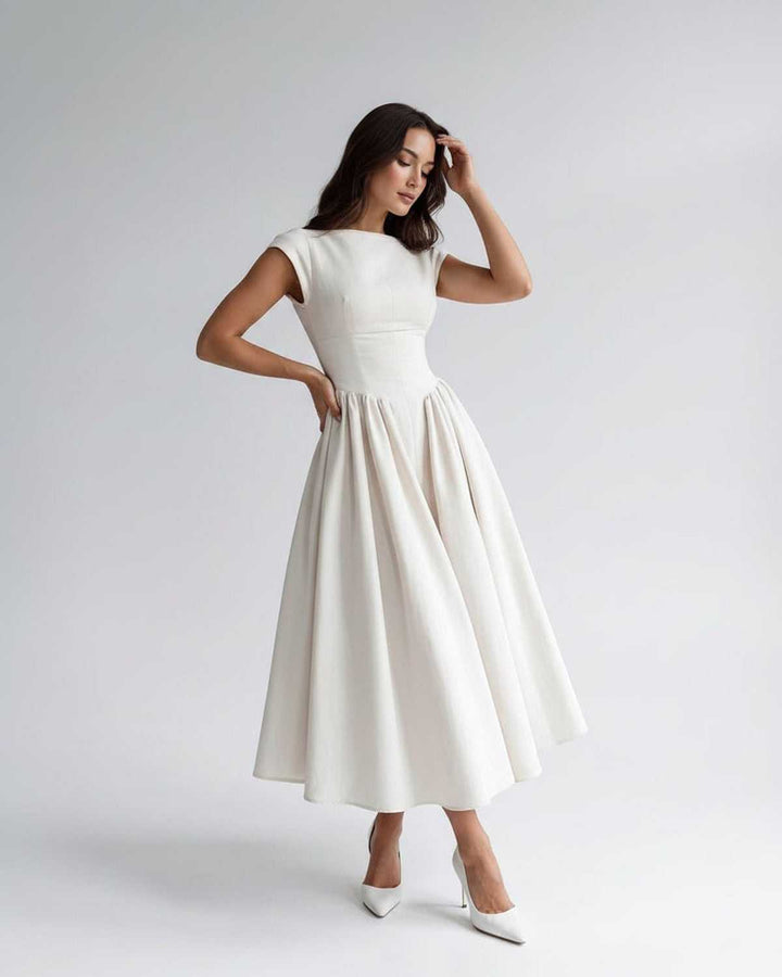 Women's A-Line Midi Dress Cap Sleeve Fitted Bodice