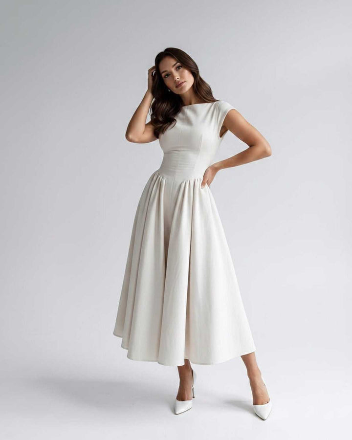 Women's A-Line Midi Dress Cap Sleeve Fitted Bodice
