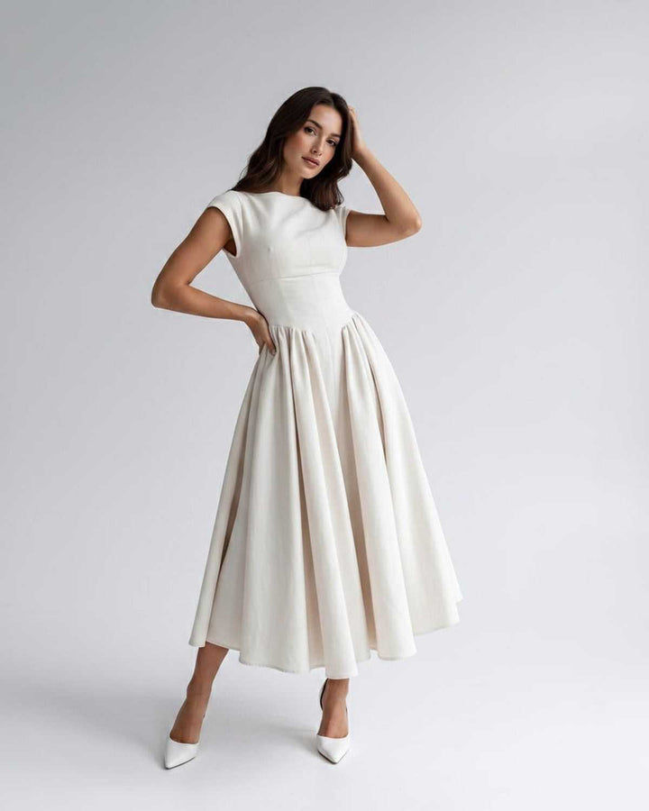 Women's A-Line Midi Dress Cap Sleeve Fitted Bodice