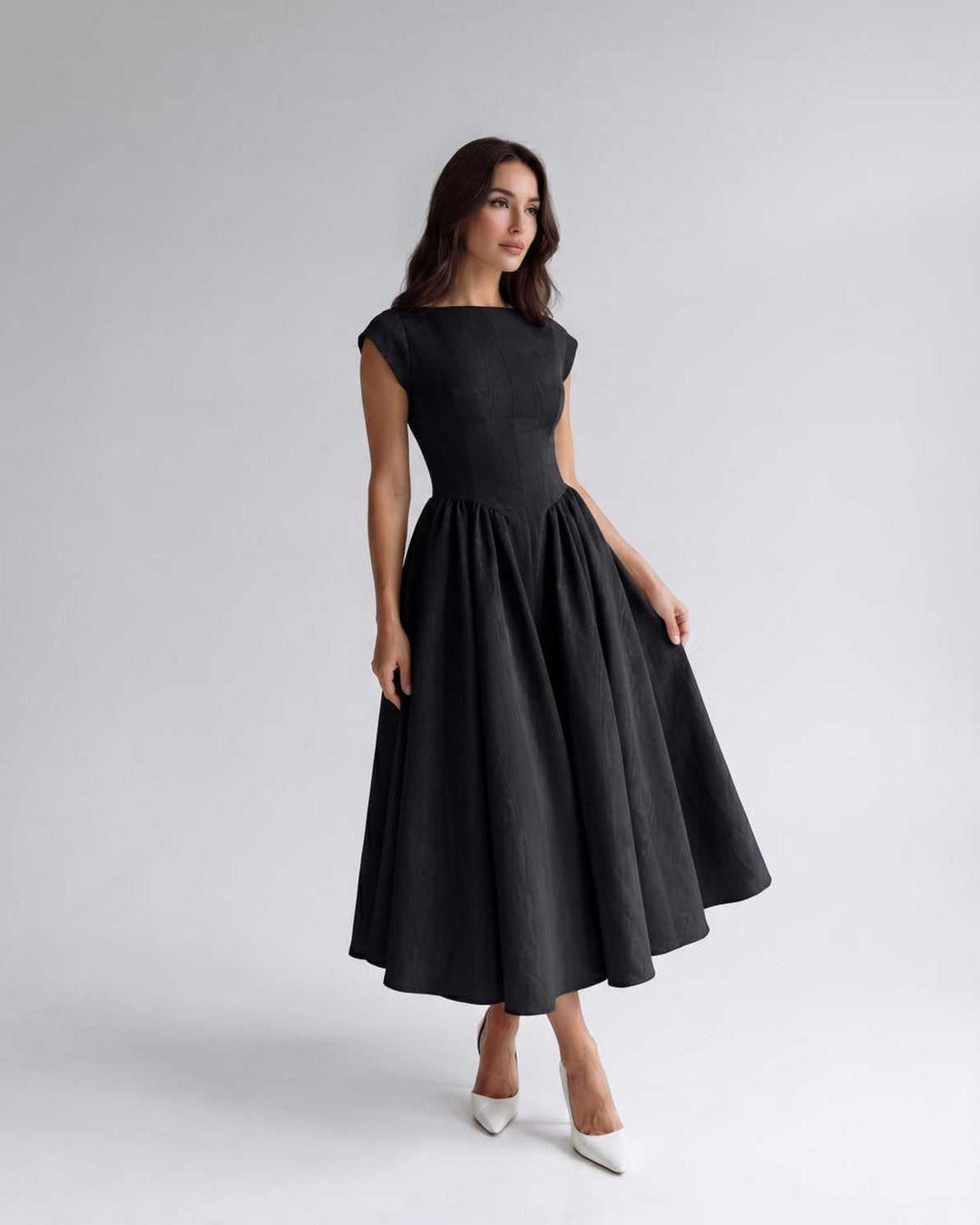 Women's A-Line Midi Dress Cap Sleeve Fitted Bodice