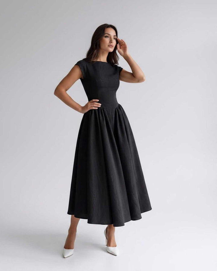 Women's A-Line Midi Dress Cap Sleeve Fitted Bodice