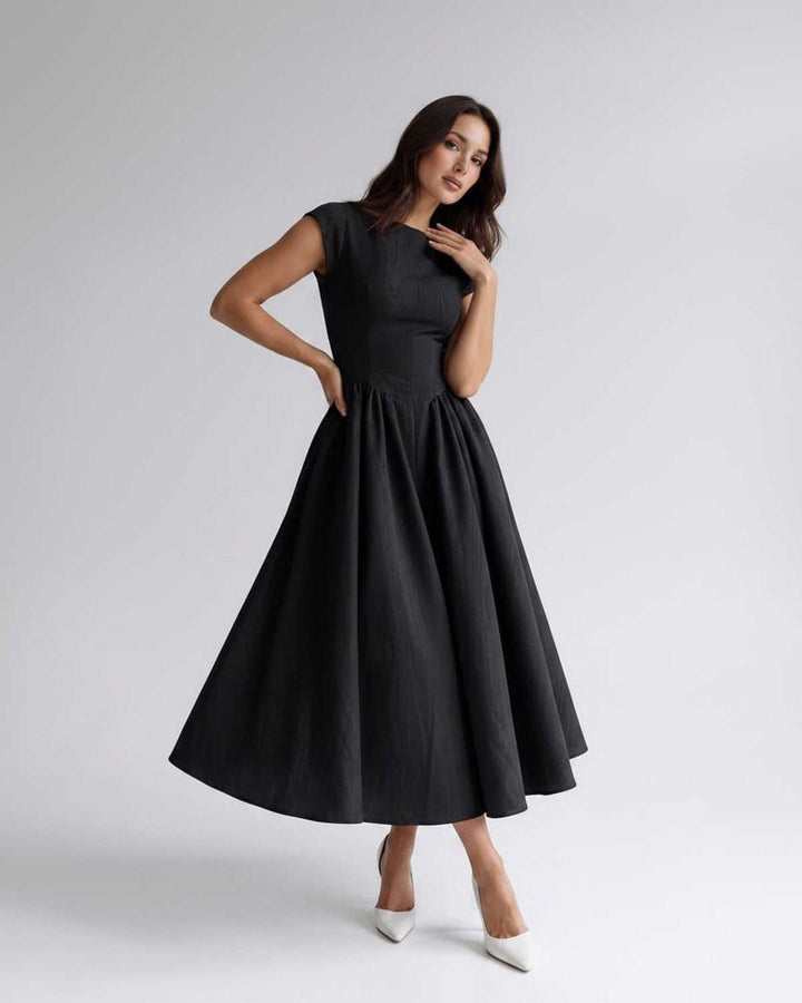 Women's A-Line Midi Dress Cap Sleeve Fitted Bodice