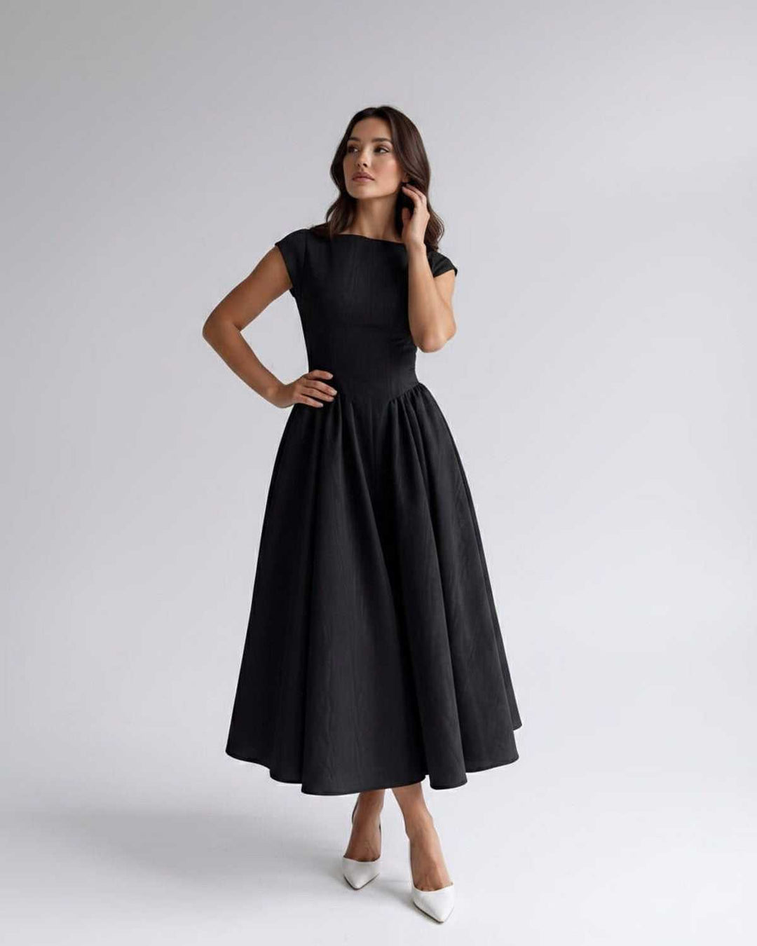 Women's A-Line Midi Dress Cap Sleeve Fitted Bodice