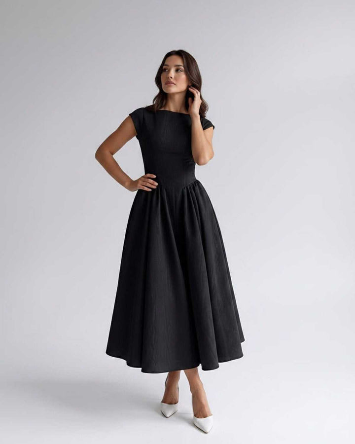 Women's A-Line Midi Dress Cap Sleeve Fitted Bodice