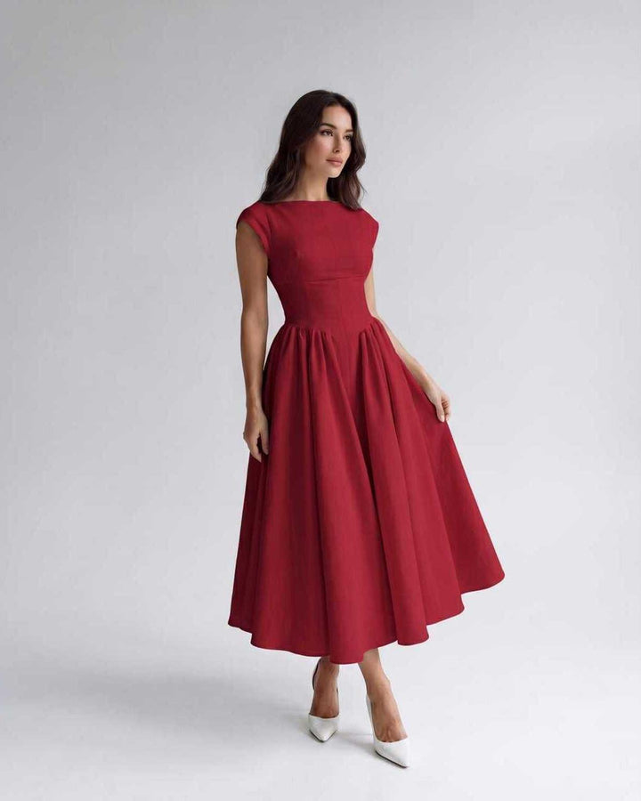 Women's A-Line Midi Dress Cap Sleeve Fitted Bodice