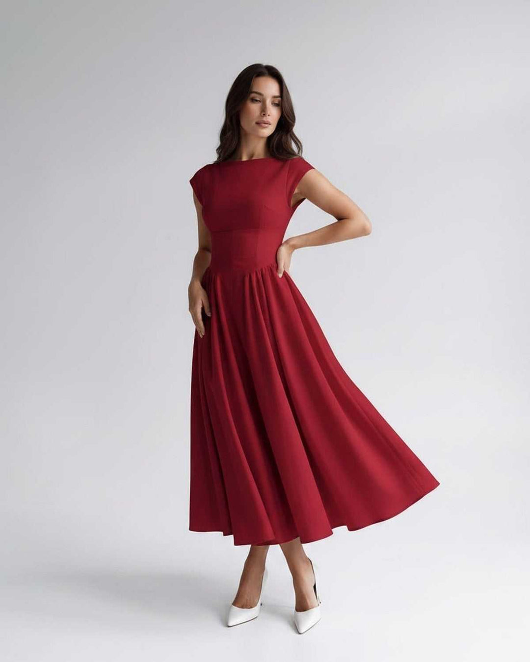 Women's A-Line Midi Dress Cap Sleeve Fitted Bodice