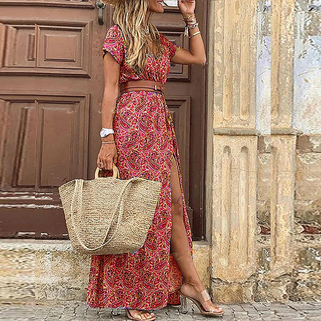 Women's Boho Floral Maxi Dress with Matching Belt and Side Split