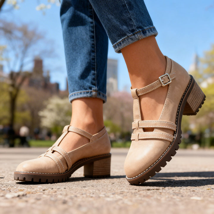 Women's Buckle Strap Block Heel Loafer Lug Sole Retro