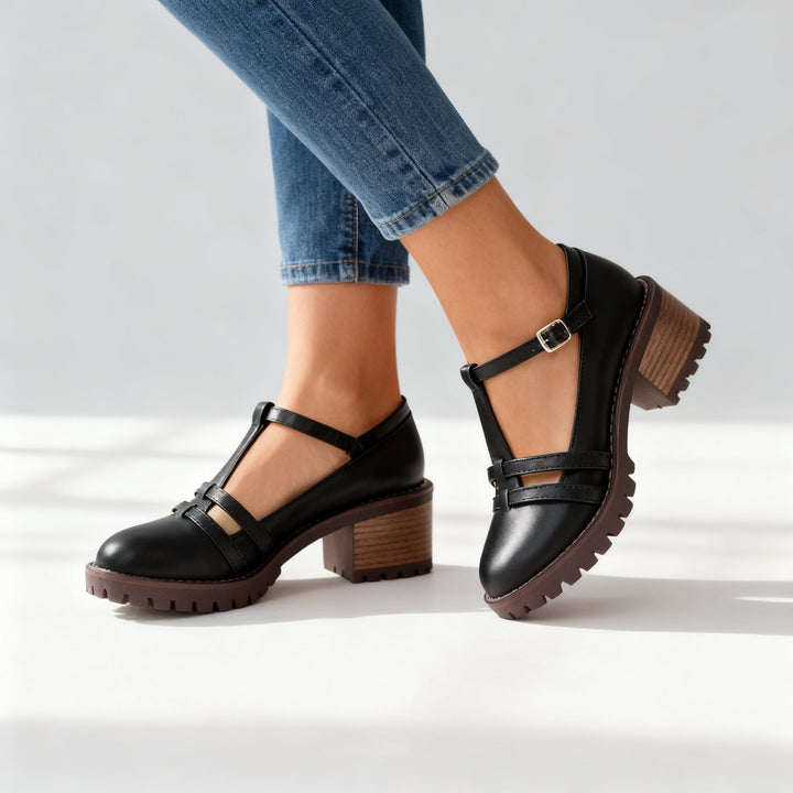 Women's Buckle Strap Block Heel Loafer Lug Sole Retro
