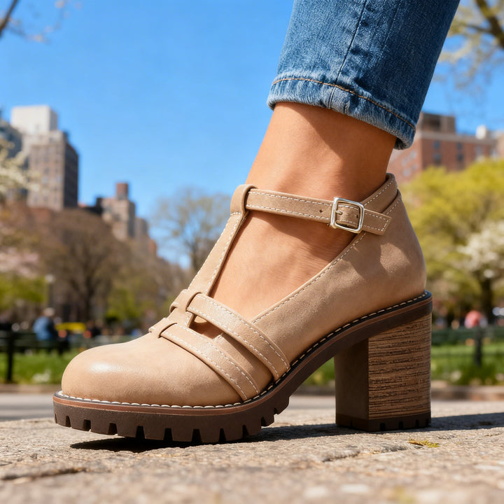 Women's Buckle Strap Block Heel Loafer Lug Sole Retro