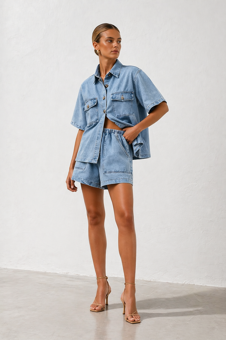 Women's Two-Piece Denim Shirt and High-Waist Shorts Set